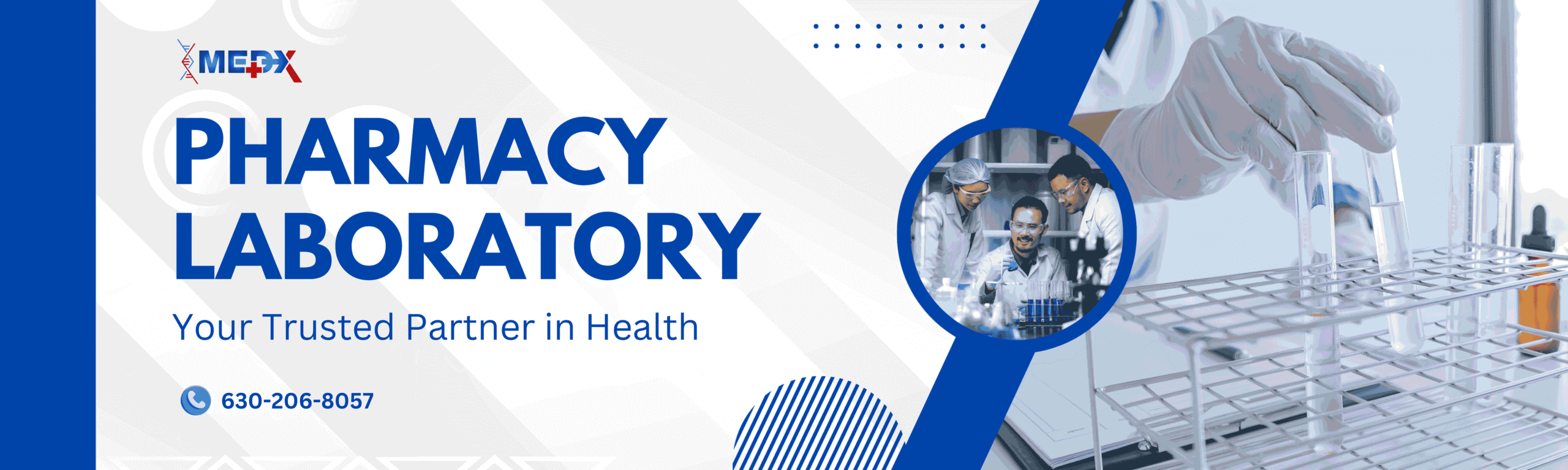 White and Blue Modern Pharmacy Laboratory Banner